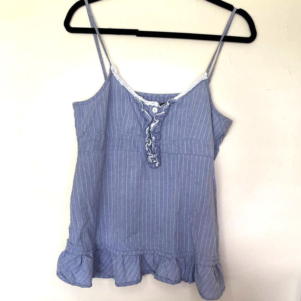 Jack BB Dakota‎ Tank Top Denim Striped Blue White Colored Flowy Ruffles Large